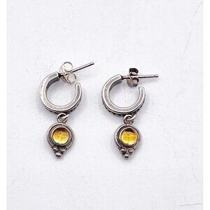 Vintage Sterling Silver 925 Citrine Drop Huggie Hoop Earrings Small Dangle Boho
